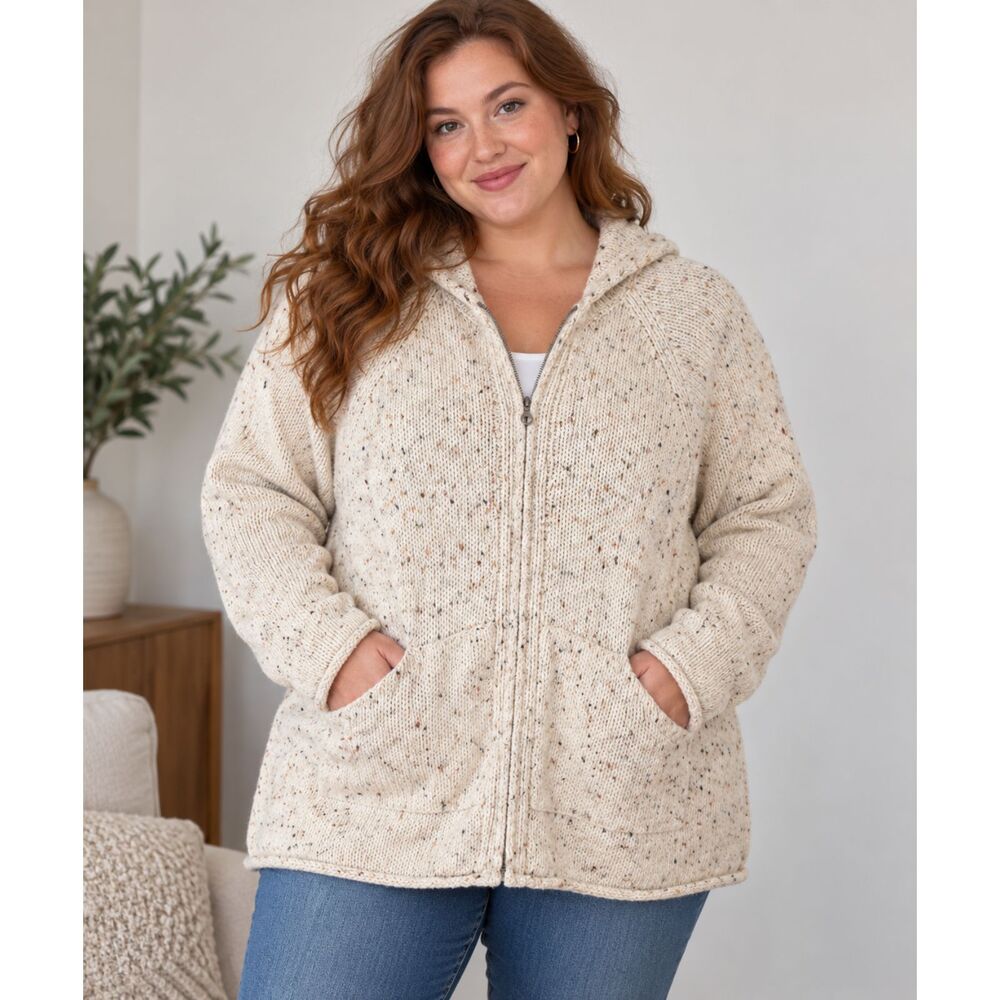 Sport Woman 2X Cream Speckled Merino Wool Knit Zip Hoodie grandmacore cozy chic